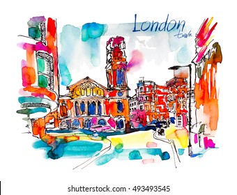 sketch watercolor painting of London street with church and hand lettering inscription, bright hand drawn colorful travel vector illustration svg