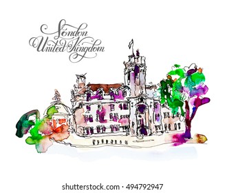 sketch watercolor painting of London street with church and hand lettering inscription, bright hand drawn colorful travel vector illustration