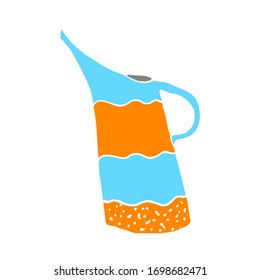 Sketch of a watering can with orange and blue stripes. Vector garden tool. Doodle illustration.