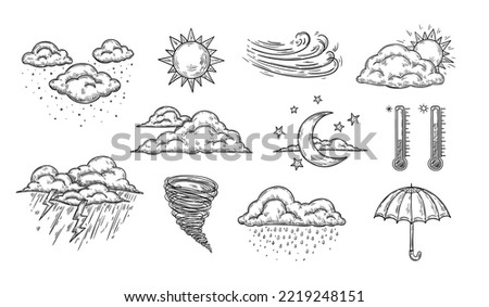 Sketch weather icons. Hand drawn rain, storm and snow. Clear sun and moon, tornado and hurricane wind, thermometer and retro umbrella vector set of weather elements, rain and storm sketch