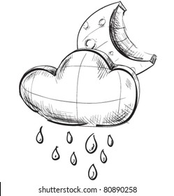 Sketch weather icons: night moon and cloud with rain drops