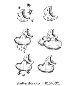 sketch weather icons set: clouds with moon, snow, rain and stars
