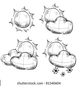 sketch weather icons set: clouds with sun and snow
