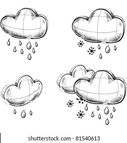 sketch weather icons set: clouds with rain and snow