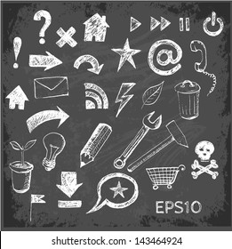 Sketch of web design icons on black chalkboard. Vector illustration.