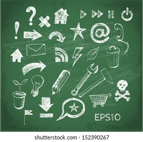 Sketch of web design icons on chalkboard. Vector illustration. 