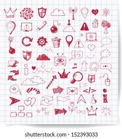 Sketch of web design icons on squared paper. Hand-drawn with ink. Vector illustration. 