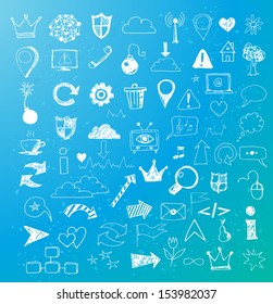 Sketch of web design icons on blue background. Vector illustration. 