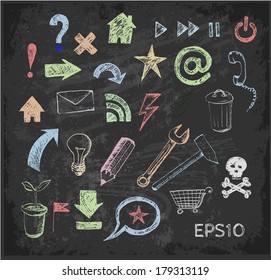 Sketch of web design icons on black chalkboard. Vector illustration.