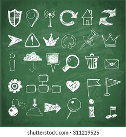 Sketch of web design icons on blackboard background. Vector illustration.
