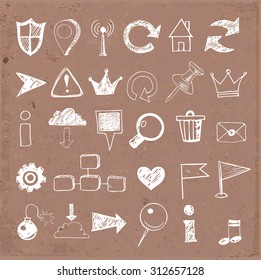 Sketch of web design icons on brown parcel paper background. Vector illustration.