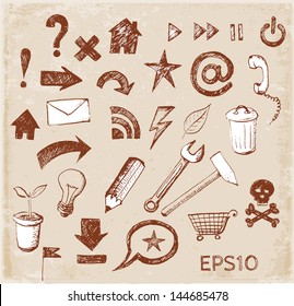 Sketch of web design icons in vintage style. Hand-drawn with ink. Vector illustration.