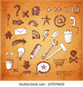 Sketch of web design icons in vintage style. Hand-drawn with ink. Vector illustration.
