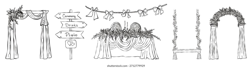 Boceto arco de boda, mesa, señalización e ilustración de guirnalda. Elementos decorativos de doodle dibujados a mano para la ceremonia al aire libre. Clipart de Vector aislado