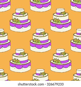 Sketch wedding cake in vintage style, vector seamless pattern
