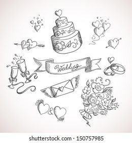 Sketch of wedding design elements. Hand drawn illustration