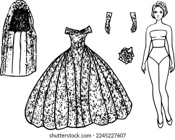 Sketch of a wedding dress with veil. Clothes for a paper doll. Fashion clothes, wig, gloves, bouquet, accessories