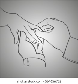 sketch of wedding hands. Wedding hands with rings on fingers. Wedding line art
