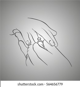 sketch of wedding hands. Wedding hands with rings on fingers. Wedding line art