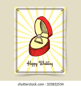 Sketch wedding ring in box in vintage style, vector