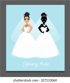 Sketch for the wedding of two girlfriends with space for text and the silhouette of young bride in wedding dress. Soft background for invitations and other cards. Vector.