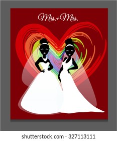 Sketch for the wedding of two girlfriends with space for text and the silhouette of young bride in wedding dress. Soft background for invitation or another card. Vector.
