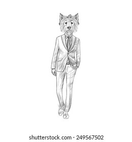 Sketch West Highland White Terrier in Hipster Suit. Hand drawn Hipster dog illustration