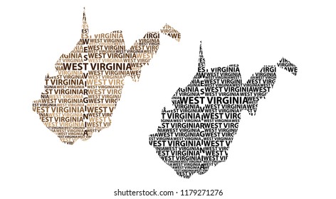 Sketch West Virginia (United States of America) letter text map, West Virginia map - in the shape of the continent, Map State of West Virginia - brown and black vector illustration
