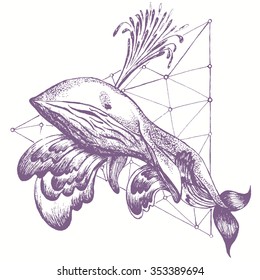 Sketch of whale. Vector illustration in stippling style with geometric shapes. Dot artwork