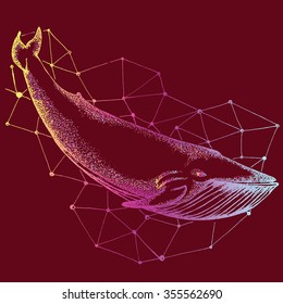 Sketch of whale.Vector illustration in stippling style with geometric shapes. Dot artwork