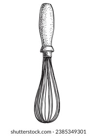 Sketch flüstert. Ballon whisk Clip Art. Whisk mit hölzernem Handgriff Cartoon handgezeichnet. Küchenutensilien zum Mischen, Whiskeln, Kochen von Ei. Vektorgrafik einzeln auf weißem Hintergrund. 