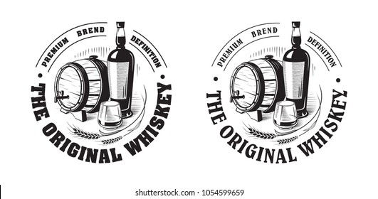 Sketch Whiskey Bottle and Glass and Barrel. Hand Drawn Drink Vector Illustration