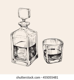 Sketch Whiskey Bottle and Glass. Hand Drawn Drink Vector Illustration