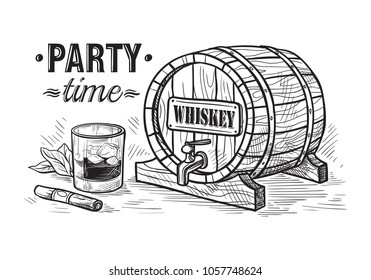 Sketch Whiskey Bottle and Glass and wooden barrel. Hand Drawn Drink Vector Illustration