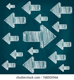 Sketch of white arrows. One big arrow points in the opposite direction from the others. Hand drawing. Vector illustration