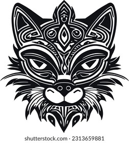 In the sketch, a white and black cat's face is transformed into a tribal masterpiece, with bold lines and geometric shapes merging to create a unique representation of its innate beauty. 