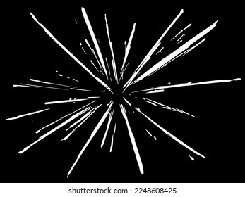 Sketch with white sparks on a black background. Cartoon effect of pyrotechnics explosion. Vector image with white energy strokes.