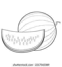 sketch, whole watermelon and slice, coloring book, isolated object on white background, vector illustration, eps
