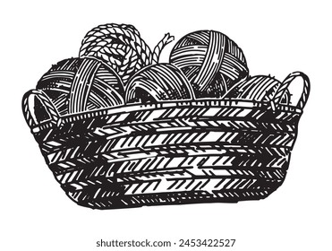 Sketch of wicker basket with balls of yarn. Tools for knitwork, handicraft. Hobby, leisure activity doodle. Outline vector illustration.