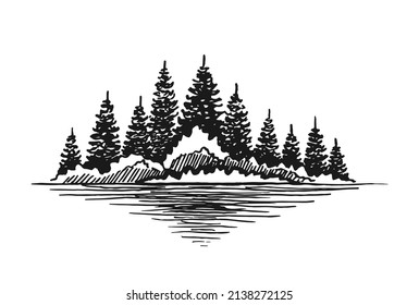 Sketch of wild nature with forest. Hand drawn illustration converted to vector.