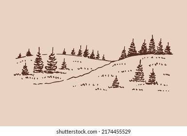 Sketch of wild nature with forest. Hand drawn illustration converted to vector.