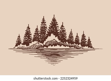 Sketch of wild nature with forest. Hand drawn illustration converted to vector.