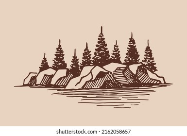 Sketch of wild nature with lake and forest. Hand drawn illustration converted to vector.