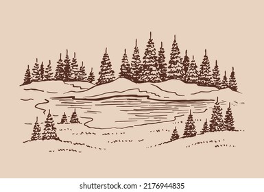 Sketch of wild nature with lake and forest. Hand drawn illustration converted to vector.