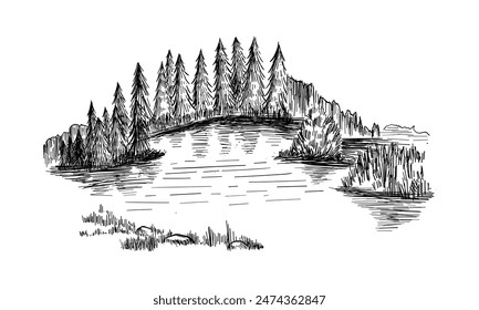 Bosquejo de naturaleza salvaje con lago y bosque. Ilustración dibujada a mano convertida en Vector.