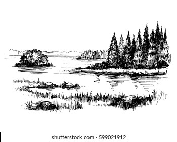Sketch of wild nature with lake and forest. Hand drawn illustration converted to vector.
