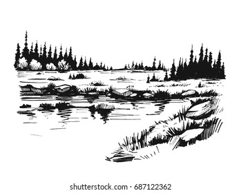 Sketch of wild nature with river and forest. Hand drawn illustration converted to vector. 