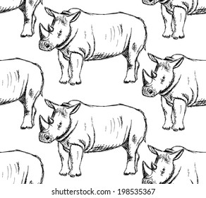 Sketch wild rhino, vector vintage seamless pattern