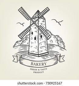 Sketch of windmill landscape. Vector illustration done in graphic style, isolated on background. Realistic old mill use as label, logo, sticker, emblem for advertising bakery, flour products.