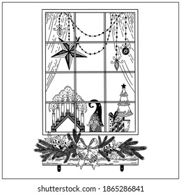 Sketch of a window with Christmas decor. Candlestick, star, garland. Spruce branches in a flower pot under the windows.